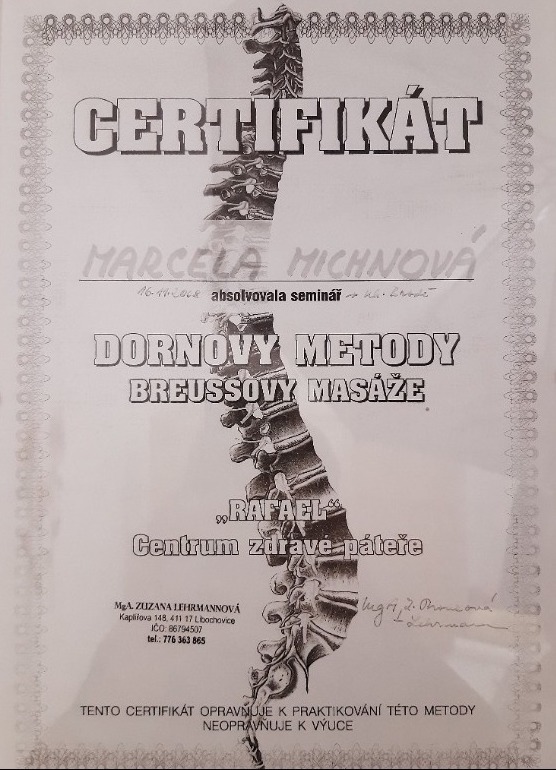 Certifikát Dornovy metody, breussovy masáže, masáže Marcela Michnová