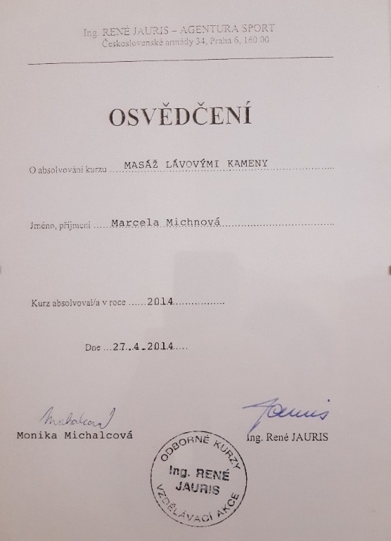 Osvědčení masáž lávovými kameny Marcela Michnová